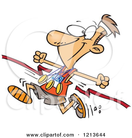 Cartoon of a Athletic Marathon Runner Breaking Through a Finish Line with Multiple Medals - Royalty Free Vector Clipart by toonaday