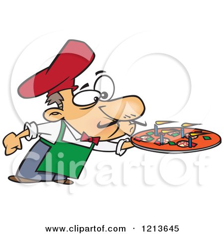 Cartoon of a Chef Blowing out the Candles on a Pizza Pie - Royalty Free Vector Clipart by toonaday