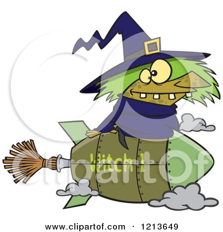 Cartoon of a Witch Flying on a Rocket Broomstick - Royalty Free Vector Clipart by toonaday