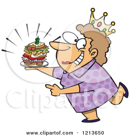 Cartoon of a Caucasian Sandwich Queen Woman Wearing a Crown - Royalty Free Vector Clipart by toonaday