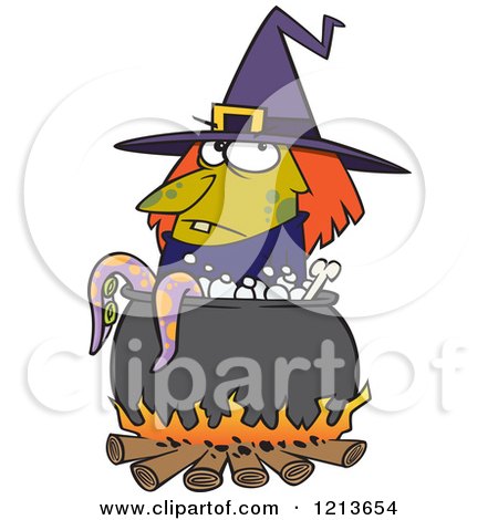 Cartoon of a Witch by a Boiling Cauldron with Tentacles - Royalty Free Vector Clipart by toonaday