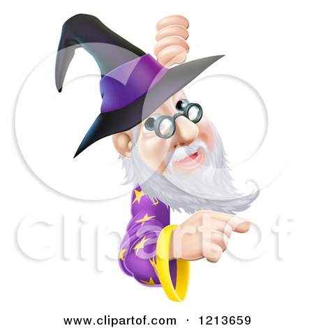 Cartoon of a Happy Gray Bearded Wizard Wearing Glasses and a Witch Style Hat, Pointing and Looking Around a Sign - Royalty Free Vector Clipart by AtStockIllustration