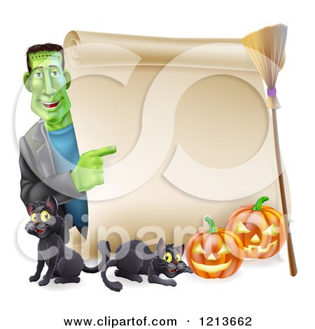 Cartoon of a Happy Frankenstein Pointing to a Scroll Sign with a Broomstick Black Cats and Halloween Pumpkins - Royalty Free Vector Clipart by AtStockIllustration