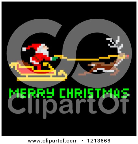 Cartoon of a Pixelated Santa Flying His Sleigh with Merry Christmas Text on Black - Royalty Free Vector Clipart by AtStockIllustration