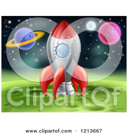 Clipart of a Space Shuttle Rocket Resting on a Green Planet - Royalty Free Vector Illustration by AtStockIllustration