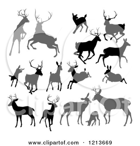 Clipart of Gray and Black Silhouetted Deer Stags Bucks Does and Fawns 2 - Royalty Free Vector Illustration by AtStockIllustration