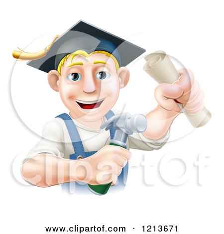 Cartoon of a Happy Graduate Worker Man Holding a Hammer and Degree and Wearing a Mortar Board - Royalty Free Vector Clipart by AtStockIllustration