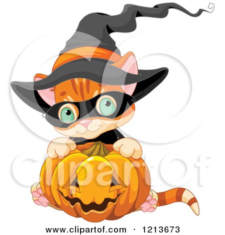 Cartoon of a Cute Orange Halloween Kitten Wearing a Witch Hat and Hugging a Pumpkin - Royalty Free Vector Clipart by Pushkin