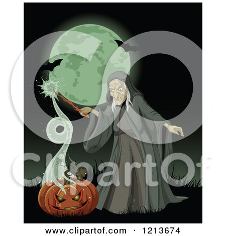 Cartoon of a Witch Conjuring a Magic Spell from a Halloween Pumpkin Against a Full Moon with Bats - Royalty Free Vector Clipart by Pushkin