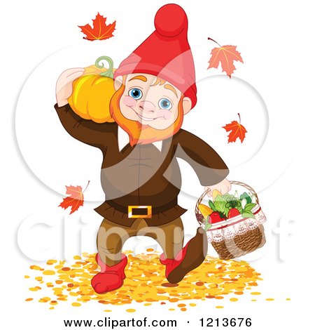 Cartoon of a Happy Autumn Gnome Carrying a Pumpkin and Basket of Produce Through Fallen Leaves - Royalty Free Vector Clipart by Pushkin