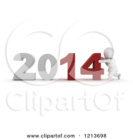 Clipart of a 3d White Character Pushing New Year 2014 Numbers Together - Royalty Free CGI Illustration by KJ Pargeter
