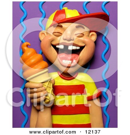Clay Sculpture Clipart 3d Boy With Missing Teeth Smiling And Holding An Orange Ice Cream Cone - Royalty Free 3d Illustration  by Amy Vangsgard