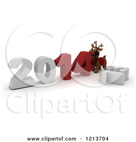 Clipart of a 3d Reindeer Pushing New Year 2014 Together by a Knocked down 13 - Royalty Free CGI Illustration by KJ Pargeter