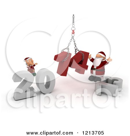 Clipart of a 3d Santa and Elf Assembling New Year 2014 with a Hoist - Royalty Free CGI Illustration by KJ Pargeter
