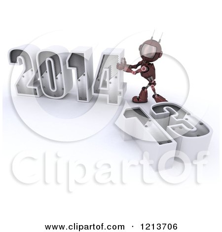 Clipart of a 3d Red Android Robot Pushing New Year 2014 Together by a Knocked down 13 - Royalty Free CGI Illustration by KJ Pargeter