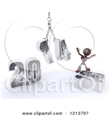 Clipart of a 3d Red Android Robot Assembling New Year 2014 with a Hoist - Royalty Free CGI Illustration by KJ Pargeter