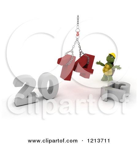 Clipart of a 3d Construction Tortoise Assembling New Year 2014 with a Hoist - Royalty Free CGI Illustration by KJ Pargeter