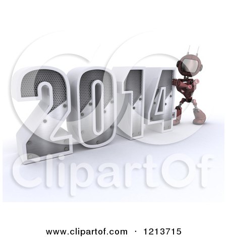 Clipart of a 3d Red Android Robot Pushing New Year 2014 Together - Royalty Free CGI Illustration by KJ Pargeter