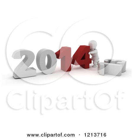 Clipart of a 3d White Character Pushing New Year 2014 Numbers Together over Knocked down 13 - Royalty Free CGI Illustration by KJ Pargeter