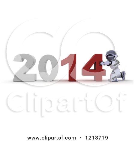 Clipart of a 3d Robot Pushing New Year 2014 Together - Royalty Free CGI Illustration by KJ Pargeter