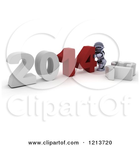 Clipart of a 3d Robot Pushing New Year 2014 Together over a Knocked down 13 - Royalty Free CGI Illustration by KJ Pargeter