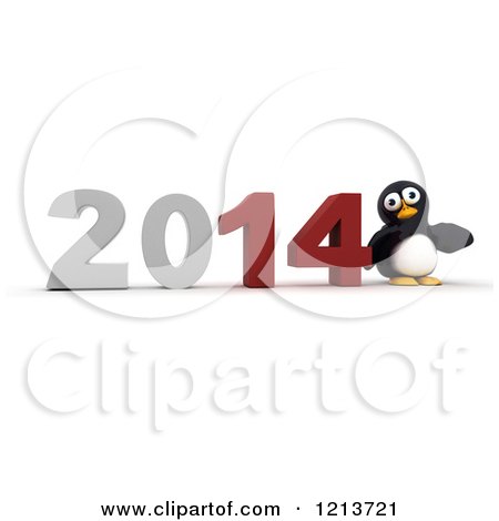 Clipart of a 3d Penguin Pushing New Year 2014 Together - Royalty Free CGI Illustration by KJ Pargeter