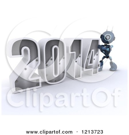 Clipart of a 3d Blue Android Robot Pushing New Year 2014 Together - Royalty Free CGI Illustration by KJ Pargeter