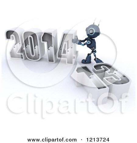 Clipart of a 3d Blue Android Robot Pushing New Year 2014 Together by a Knocked down 13 - Royalty Free CGI Illustration by KJ Pargeter