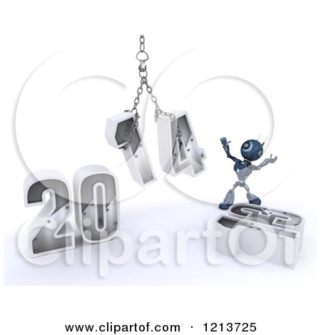 Clipart of a 3d Blue Android Robot Assembling New Year 2014 with a Hoist - Royalty Free CGI Illustration by KJ Pargeter