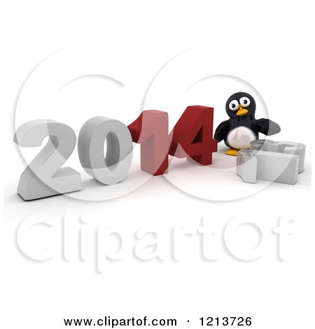 Clipart of a 3d Penguin Pushing New Year 2014 Together by a Knocked down 13 - Royalty Free CGI Illustration by KJ Pargeter