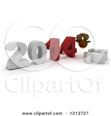 Clipart of a 3d Owl Pushing New Year 2014 Together over a Knocked down 2013 - Royalty Free CGI Illustration by KJ Pargeter
