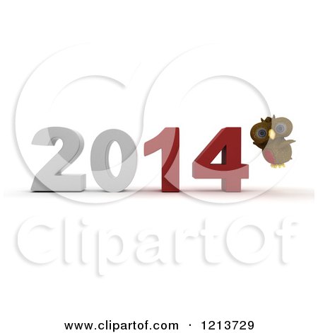 Clipart of a 3d Owl Flying by New Year 2014 - Royalty Free CGI Illustration by KJ Pargeter