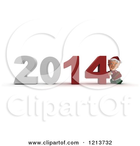 Clipart of a 3d Christmas Elf Pushing New Year 2014 Numbers Together - Royalty Free CGI Illustration by KJ Pargeter