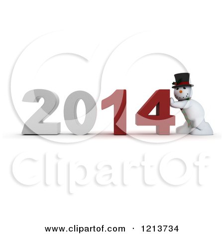 Clipart of a 3d Snowman Pushing 2014 New Year Together - Royalty Free CGI Illustration by KJ Pargeter