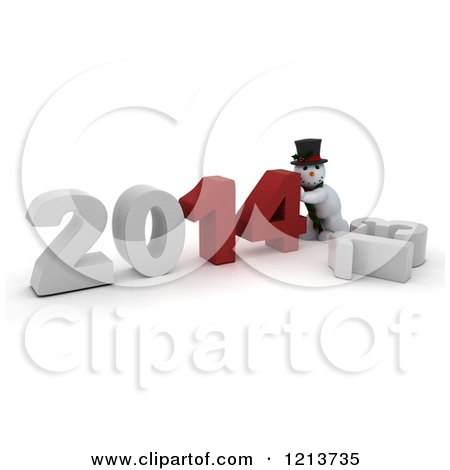Clipart of a 3d Snowman Pushing 2014 New Year Together over a Knocked down 13 - Royalty Free CGI Illustration by KJ Pargeter