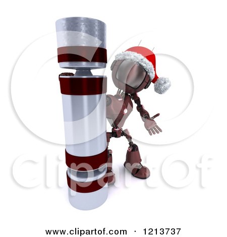 Clipart of a 3d Red Android Robot with a Giant Christmas Cracker - Royalty Free CGI Illustration by KJ Pargeter