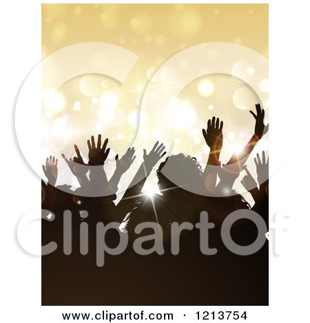 Clipart of a Silhouetted Crowd over Golden Christmas Bokeh Lights - Royalty Free Vector Illustration by KJ Pargeter