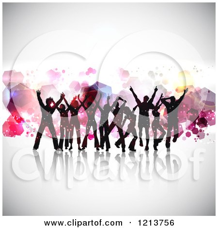 Clipart of a Silhouetted Dancing Crowd over Colorful Shapes on Gray - Royalty Free Vector Illustration by KJ Pargeter