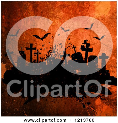 Clipart of Tombstones in a Cemetery Under Flying Bats on Orange Grunge - Royalty Free Illustration by KJ Pargeter