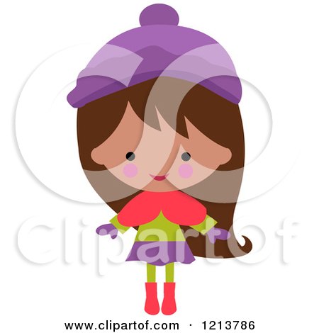 Cartoon of a Happy Brunette Girl Wearing a Winter Hat and Clothes - Royalty Free Vector Clipart by peachidesigns