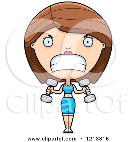Cartoon of an Aggressive Fitness Personal Trainer Woman Lifting Weights - Royalty Free Vector Clipart by Cory Thoman