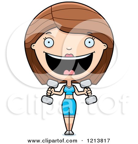 Cartoon of a Happy Fitness Personal Trainer Woman Lifting Weights - Royalty Free Vector Clipart by Cory Thoman