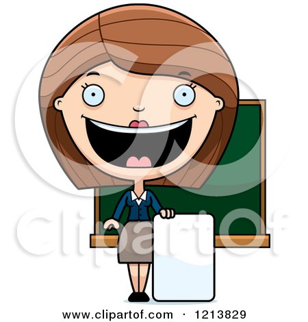 Cartoon of a Happy Female Teacher Holding a Sign - Royalty Free Vector Clipart by Cory Thoman