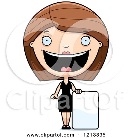 Cartoon of a Happy Woman in a Black Dress, Standing by a Sign - Royalty Free Vector Clipart by Cory Thoman