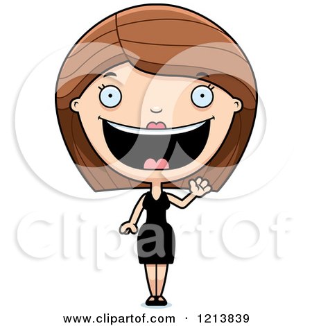 Cartoon of a Friendly Waving Woman in a Black Dress - Royalty Free Vector Clipart by Cory Thoman
