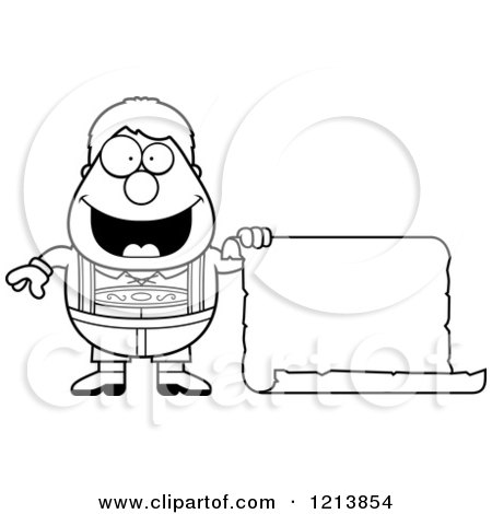 Cartoon of a Black and White Happy Oktoberfest German Boy Holding a Scroll Sign - Royalty Free Vector Clipart by Cory Thoman