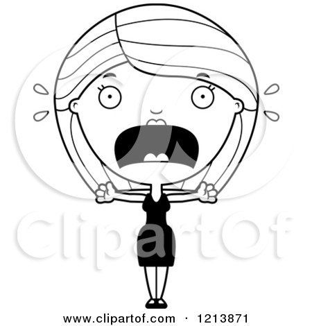 Cartoon of a Black and White Scared Woman Screaming in a Black Dress - Royalty Free Vector Clipart by Cory Thoman