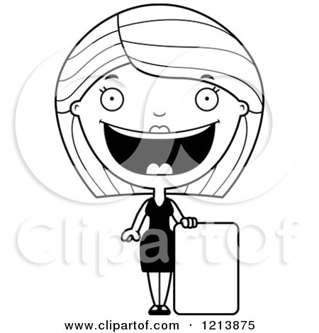 Cartoon of a Black and White Happy Woman in a Black Dress, Standing by a Sign - Royalty Free Vector Clipart by Cory Thoman