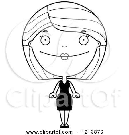 Cartoon of a Black and White Happy Woman in a Black Dress - Royalty Free Vector Clipart by Cory Thoman