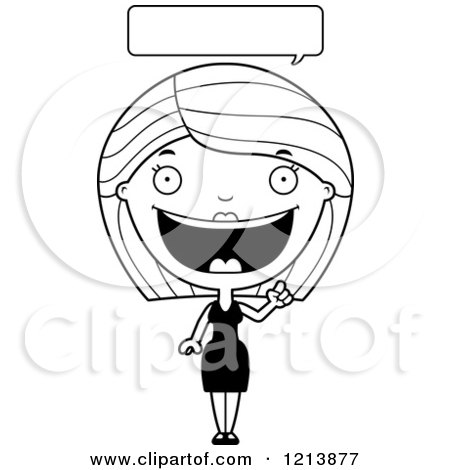 Cartoon of a Black and White Happy Talking Woman in a Black Dress - Royalty Free Vector Clipart by Cory Thoman